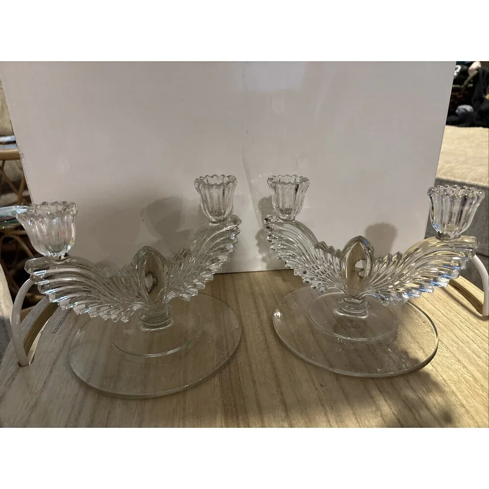 Set Of Two Art Deco Pressed Glass Winged Double Candle Holders Clear Angel Bird